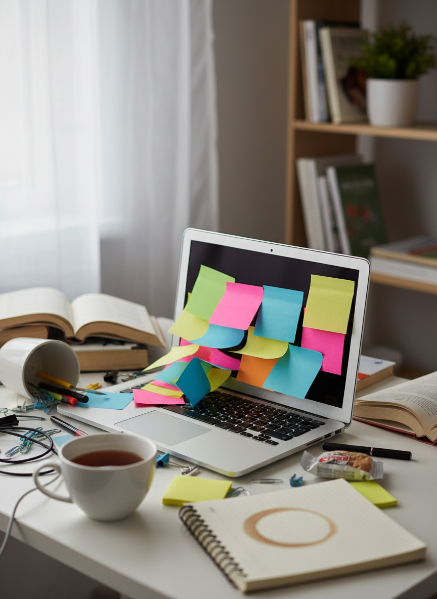 A small, cluttered home office desk where a sleek silver laptop stands open, its keyboard completely buried under a spontaneous avalanche of multicolored sticky notes, some curling at the edges and stacked at odd angles. Pens and paperclips spill from an overturned pencil cup, and a half-finished mug of tea leaves a perfect ring on a forgotten notebook. Soft overcast light filters through a nearby window, creating gentle, even illumination with minimal shadows. Photographic realism, shot from a slightly elevated, three-quarter angle with moderate depth of field so the chaotic desk is sharp while the simple bookshelf behind softly blurs. The mood is playful and slightly absurd, suggesting an everyday workday that spiraled into unbelievable, sticky-note chaos.
