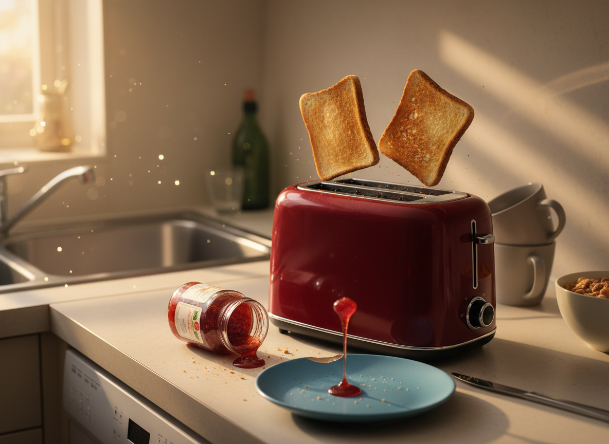 A slightly cluttered but cozy kitchen countertop with a bright red toaster mid-pop, two perfectly golden slices of toast frozen in mid-air above it. Crumbs scatter around a chipped, sky-blue ceramic plate, a jar of jam tipped on its side with a playful drip frozen at the rim. Morning sunlight pours through a nearby window, casting long, warm streaks across the laminate surface and creating tiny sparkles on a stainless steel sink in the background. Photographic realism, shot at eye level with a shallow depth of field, the airborne toast sharply in focus while the rest of the kitchen blurs into a soft, relatable everyday backdrop, capturing the mood of an unexpected, funny little household surprise.