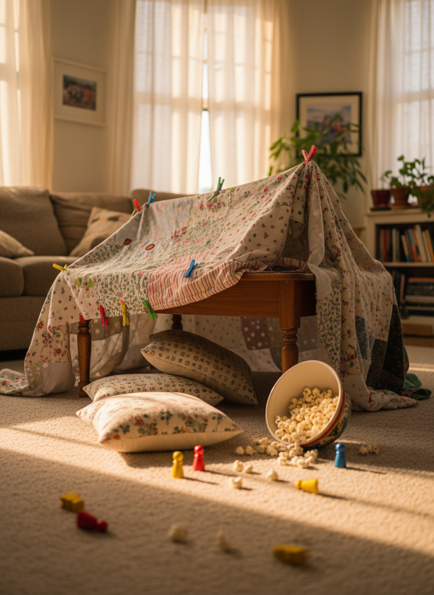 A compact, lived-in living room where a small, lopsided blanket fort has taken over the coffee table, built from mismatched patterned blankets and clipped together with colorful clothespins. A trail of scattered throw pillows and board game pieces leads up to its entrance, while a bowl of popcorn is dramatically overturned nearby, kernels frozen mid-spill. Late afternoon sunlight filters through thin curtains, creating dappled patches of light on the carpet and the makeshift fort roof. Photographic realism, shot from a low, eye-level angle as if crouching at fort height, with shallow depth of field that keeps the fort crisp and the rest of the room gently blurred. The mood is whimsical and nostalgic, capturing an unbelievable adventure born from an ordinary afternoon at home.