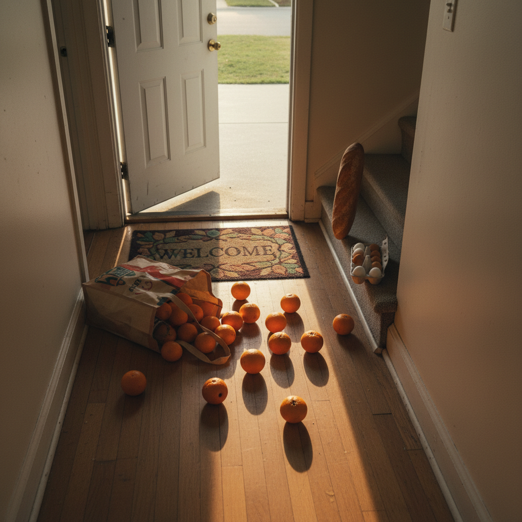 An overstuffed canvas grocery bag split open on a small apartment hallway floor, oranges rolling in every direction, a loaf of bread dramatically teetering on the edge of a step, and a carton of eggs miraculously unbroken beside them. The setting is a narrow, slightly worn corridor with scuffed baseboards, a crooked welcome mat, and an ajar front door suggesting a chaotic entrance. Late afternoon light streams in from the doorway, casting elongated, humorous shadows of the runaway groceries. Photographic realism, captured from a slightly elevated angle, emphasizing the scattered arrangement. The mood is playful and relatable, turning a minor everyday mishap into an unbelievable, cinematic moment of domestic comedy.