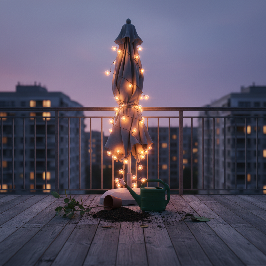 A small city balcony at dusk with string lights unexpectedly tangled around a windswept patio umbrella, their tiny bulbs glowing warmly amid the twisted fabric and metal ribs. A humble plastic watering can lies overturned near a toppled potted plant, soil scattered across worn wooden decking. The sky beyond glows soft purple-blue, with distant apartment windows twinkling. Photographic realism, captured from eye level, using rule-of-thirds composition to place the glowing knot of lights slightly off-center. The scene is lit by the gentle contrast of twilight and warm bulbs, creating playful, cozy tension between chaos and charm, evoking an everyday outdoor mishap that turned into an oddly magical little surprise.